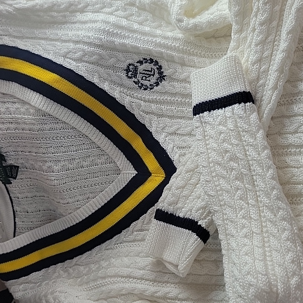 Ralph Lauren Cotton Varsity V-neck Cable Knit Sweater Embroidered Crest Logo XL - Picture 8 of 8
